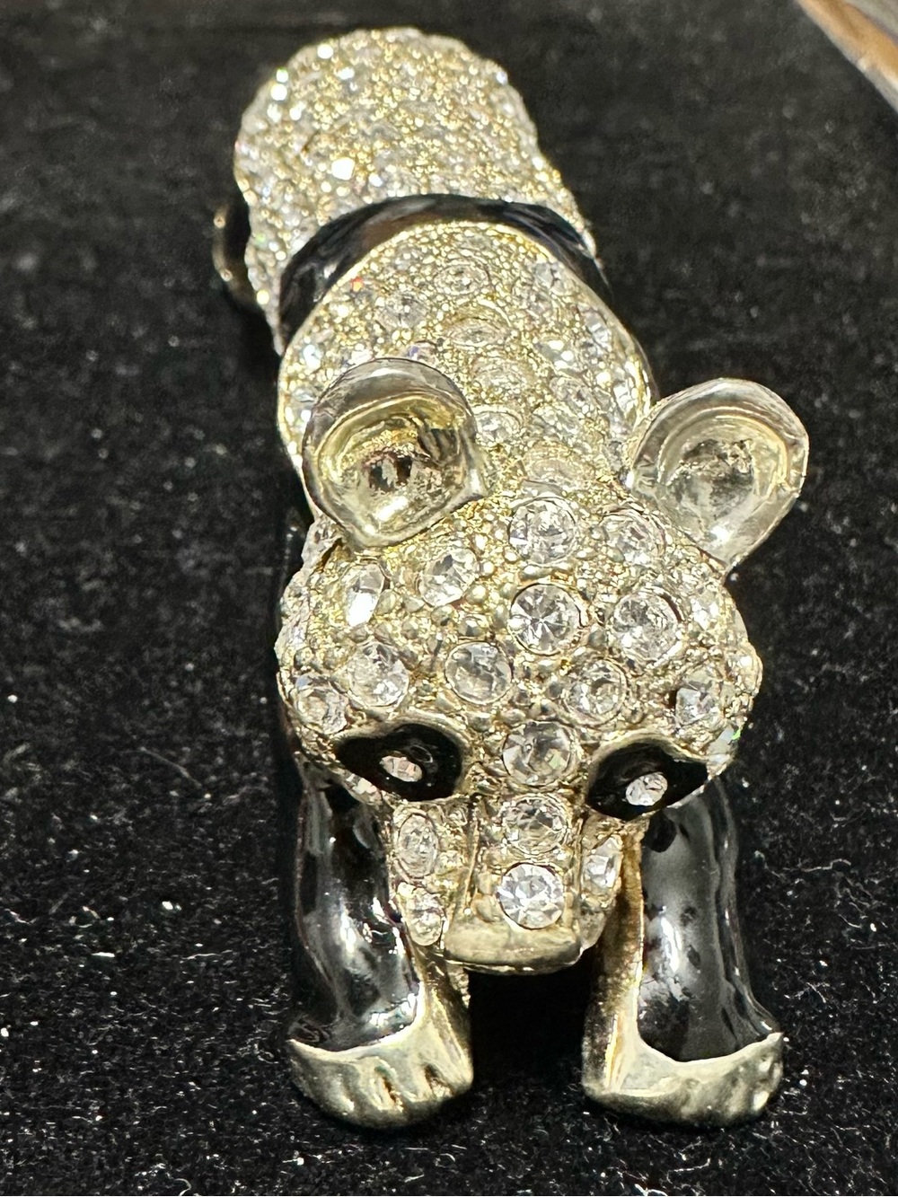 Pave rhinestone panda shoulder brooch,
Clear Rhinestone eyes. Black enamel